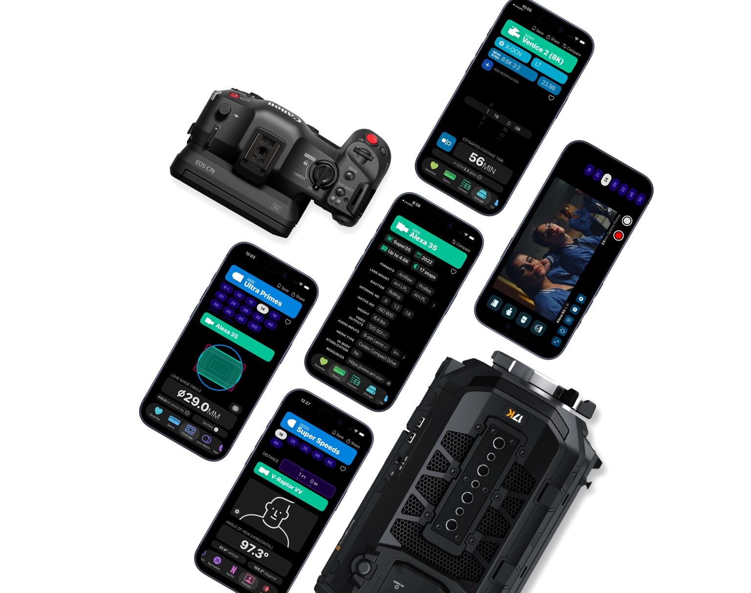 CameraKit, LensKit, and FinderKit app screens with cinema cameras