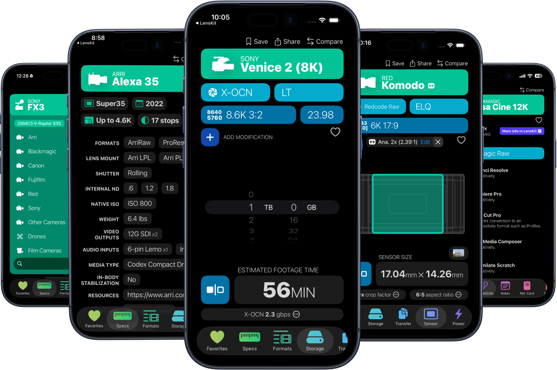CameraKit's storage calculator running on iPhone for the Sony Venice 2, Arri Alexa 35, Red Komodo, and Sony FX3